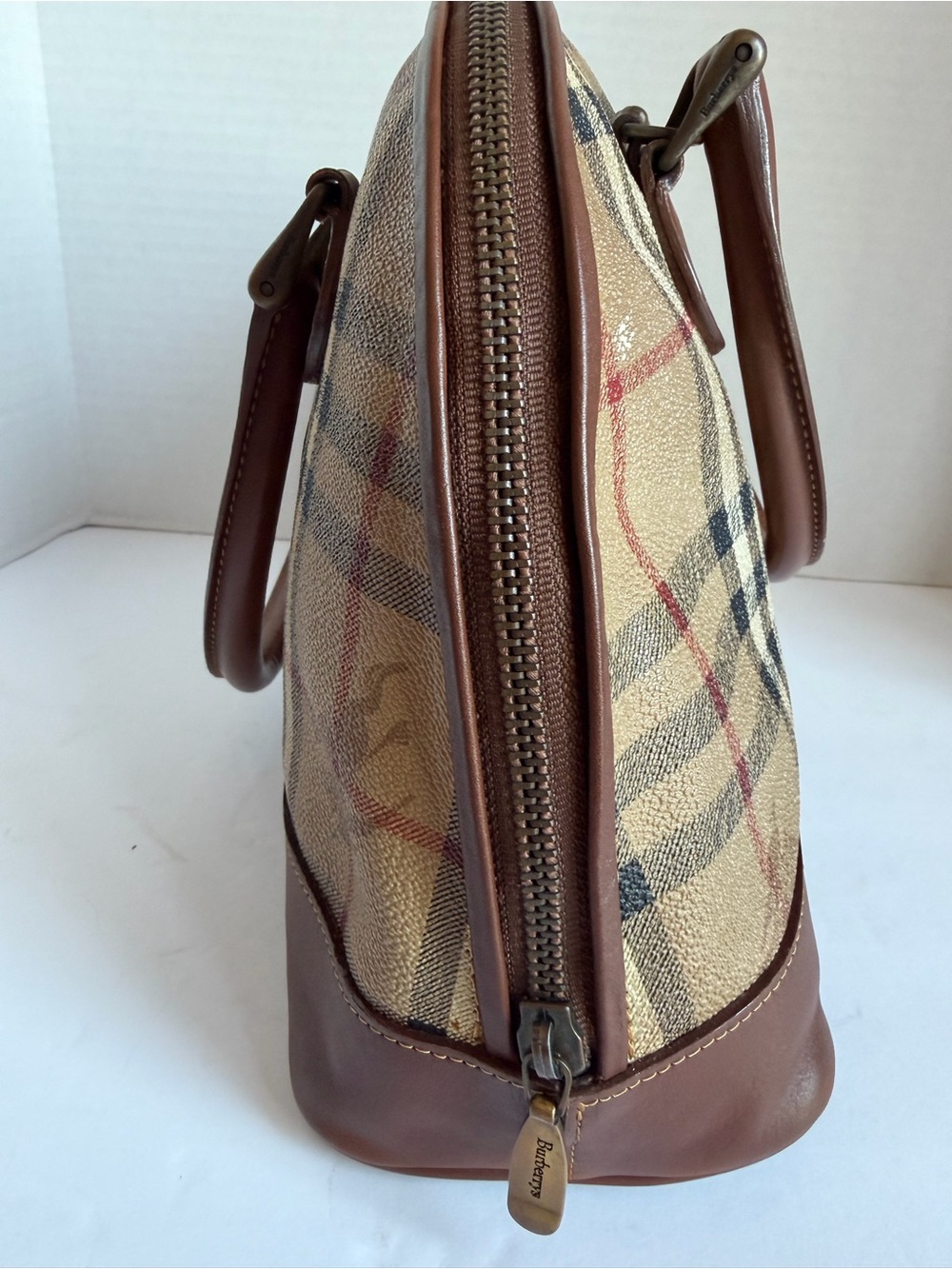 Burberry Beige Plaid Dome Satchel with Brown Leather Trim - Picture 4 of 13